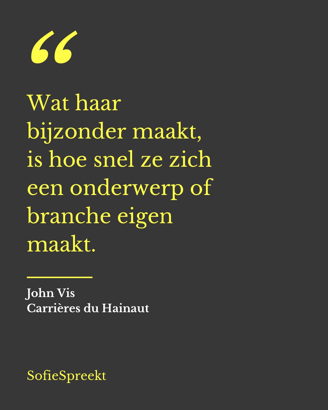 Wat haar bijzonder maakt, is hoe snel ze zich een onderwerp of branche eigen maakt. — John Vis, Carrières du Hainaut